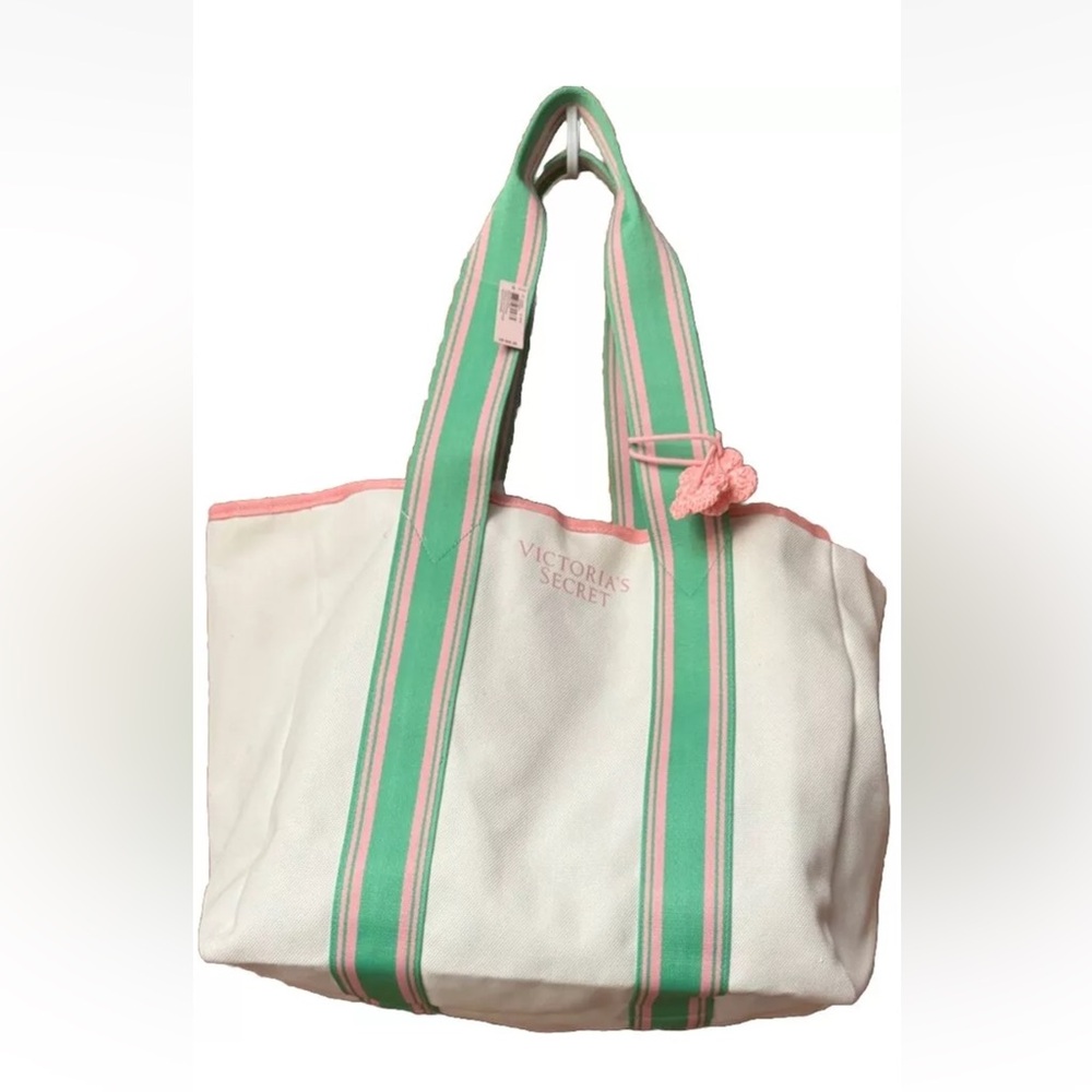 Victoria Secret WomenTote Bag Beige Pink GreenTrim Boho Floral Lining & Hair Tie